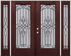 Full Lite Pre-finished Mahogany Fiberglass Prehung Double Door Unit with Sidelites #299