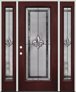 Fleur-de-lis Full Lite Pre-finished Mahogany Fiberglass Prehung Door Unit with Sidelites #84