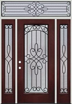 Full Lite Pre-finished Mahogany Fiberglass Prehung Door Unit with Transom #299
