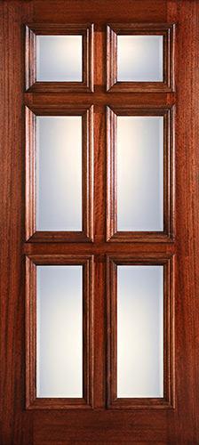 Hamilton Beveled Glass 6-Panel Low-E Mahogany Wood Door Slab #7093