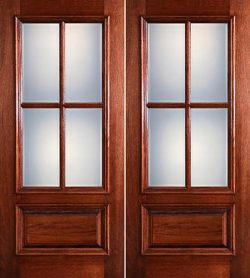 Preston 4-Lite Low-E 1-Panel Raised Mahogany Prehung Wood Double Door Unit