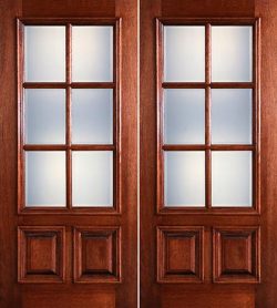 Preston 6-Lite Low-E 2-Panel Raised Mahogany Prehung Wood Double Door Unit