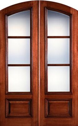 Preston 8'0" Tall 3-Lite Low-E Mahogany Arch Top Prehung Double Wood Door Unit