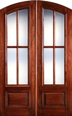 Preston 8'0" Tall 4-Lite Low-E Mahogany Arch Top Prehung Double Wood Door Unit