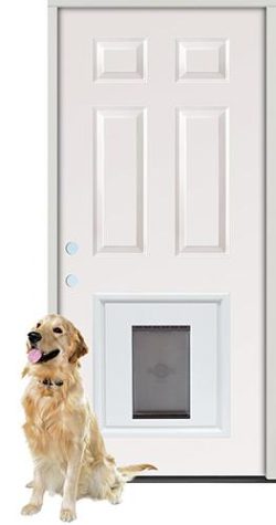 6-Panel Fiberglass Prehung Door Unit with Pet Door Insert