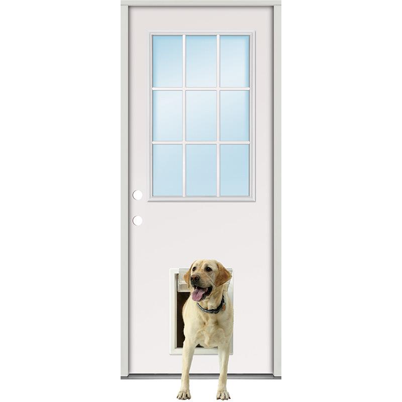 9Lite Fiberglass Prehung Door Unit with Extra Large Pet Door Installed