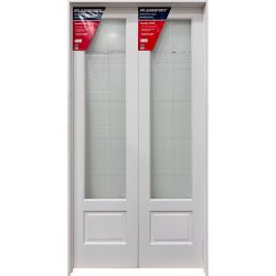 4'0" x 8'0" Tall Primed Interior Wood Double Doors V-grooved 10-Lite