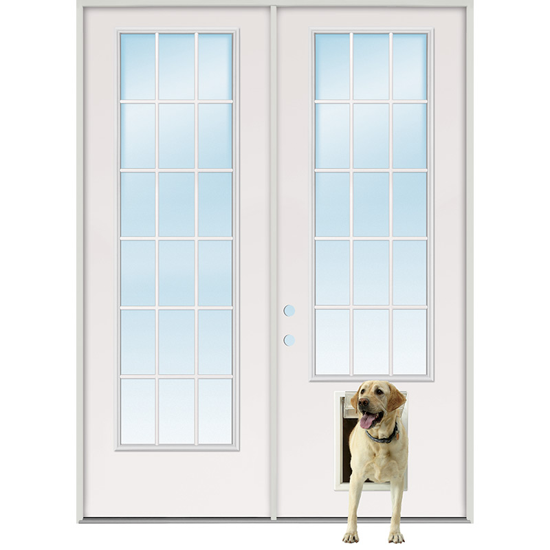 8 0 Tall 18 15 Lite Fiberglass Patio Prehung Double Door Unit With Pet Installed Clearance Center - How To Install A Patio Doggie Door