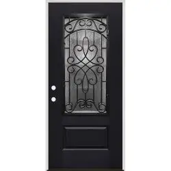 Black Finish Fiberglass Prehung Door Unit with Iron Grille #62 - Prehung Left Hand Inswing