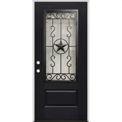 Black Finish Fiberglass Prehung Door Unit with Star Iron Grille #75 - Prehung Right Hand Inswing