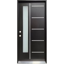 Modern Vertical 1-Lite Metal Slats Black Fiberglass Prehung Door Unit