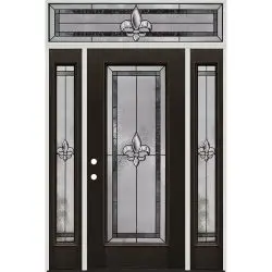 Fleur-de-lis Full Lite Finished Fiberglass Prehung Door Unit Sidelites with Transom #84 - Prehung Left Hand Inswing, Pre-finished PVC