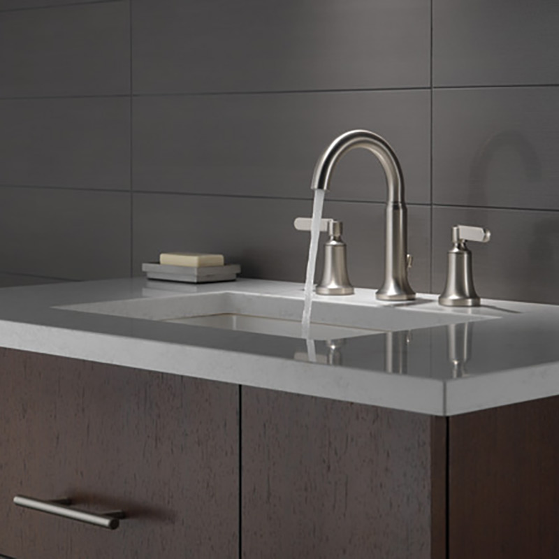 Delta Alux Two Handle Widespread Bathroom Faucet with Drain Door