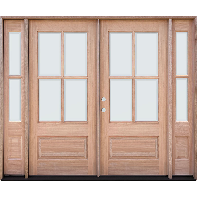 4-Lite Low-E Mahogany Prehung Wood Double Door Unit with Sidelites