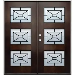 3-Lite Modern Grille Espresso Mahogany Prehung Double Wood Door Unit #353 - Prehung Right Hand Inswing, Primed