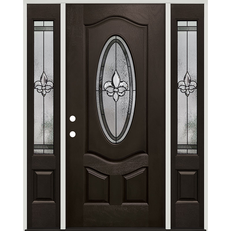 Fleur-de-lis 3/4 Oval Finished Fiberglass Prehung Door Unit with Sidelites  #44