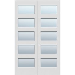 Frosted 5-Lite Shaker Primed Interior Prehung Wood Double Door Unit
