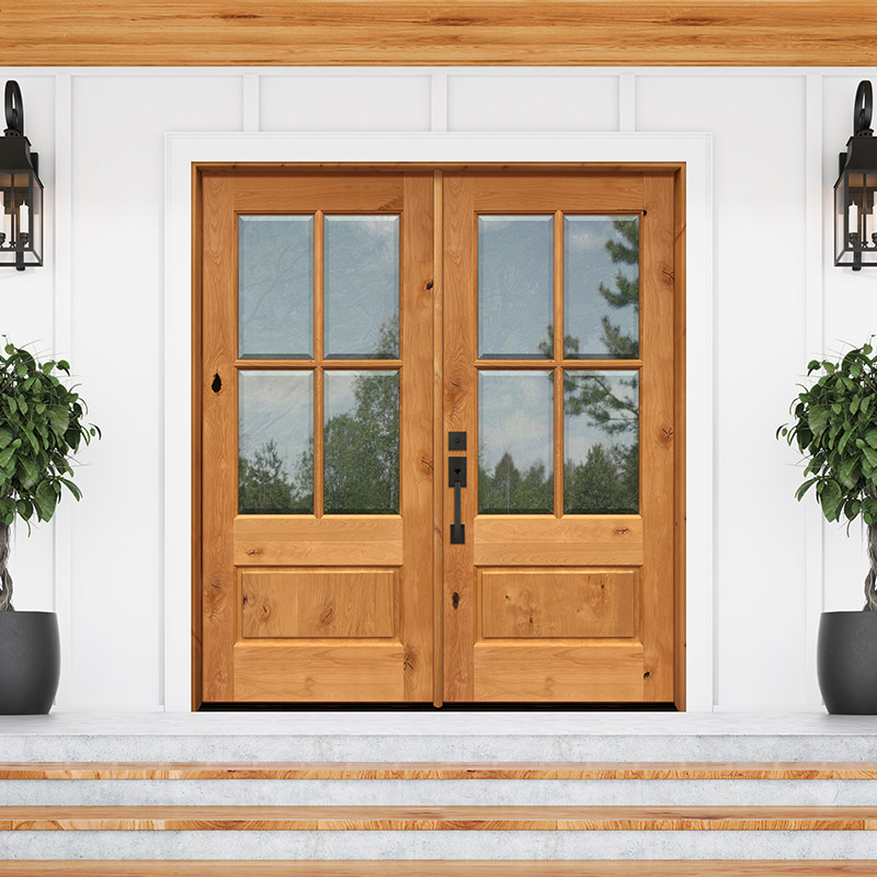 8'0 Tall 6-Lite Low-E Knotty Alder Prehung Wood Double Door Unit with  Transom