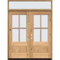 4-Lite Low-E Knotty Alder Prehung Wood Double Door Unit with Transom - Prehung Left Hand Inswing