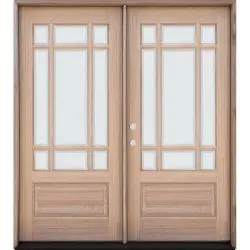 9-Lite Prairie Low-E Unfinished Mahogany Wood Double Door Unit - Prehung Left Hand Inswing