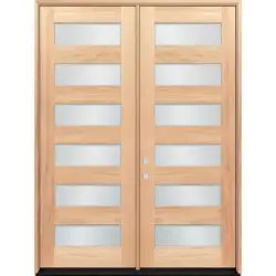8'0" Modern 6-Lite Unfinished Mahogany Wood Double Door Unit - Prehung Right Hand Inswing
