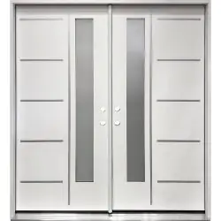 Modern Vertical 1-Lite Metal Slats Fiberglass Prehung Double Doors Unit - Prehung Left Hand Inswing
