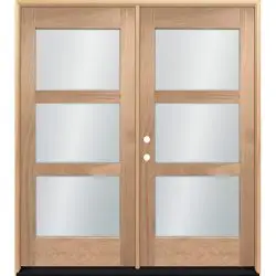 Modern 3-Lite Unfinished Mahogany Wood Double Door Unit - Prehung Right Hand Inswing