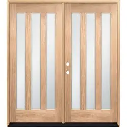 Vertical 3-Lite Modern Unfinished Mahogany Wood Double Door Unit - Prehung Right Hand Inswing