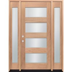 Modern 4-Lite Unfinished Mahogany Wood Door Unit with Sidelites - Prehung Right Hand Inswing, 14"