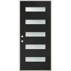 Modern 5-Lite Fiberglass Prehung Door Unit with Black Finish - Prehung Right Hand Inswing