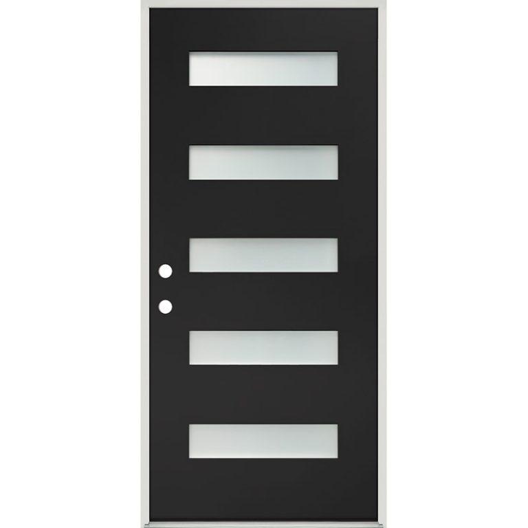 Modern 5Lite Fiberglass Prehung Door Unit with Black Finish Door