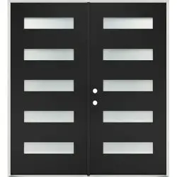 Modern 5-Lite Fiberglass Prehung Double Door Unit with Black Finish - Prehung Left Hand Inswing