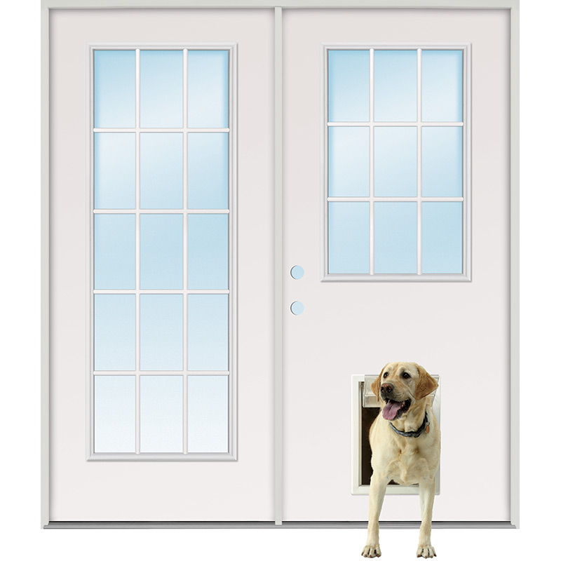 Steves & Sons 72 inx 80 inClear Full Lite Primed White Fiberglass  Prehung RHIS Center Hinge Patio Door w/ SL Pet Door-FGCHP_FLSP_PR_R72_4IRH  - The Home Depot
