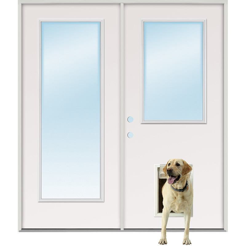 Full/Half Lite Fiberglass Patio Prehung Double Door Unit with Pet Door Installed Door